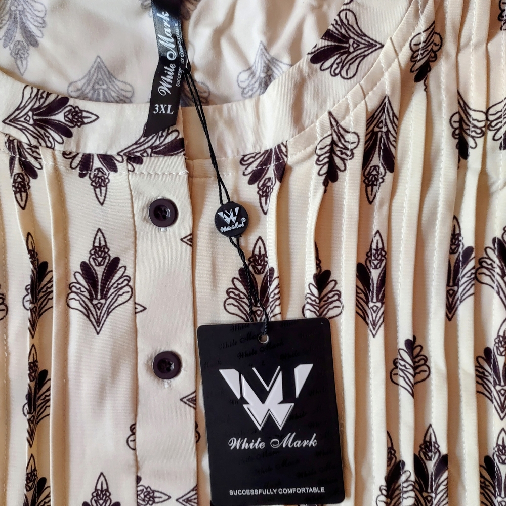 3X Women's White Mark Cream and Brown Tunic Sharkbite Top.